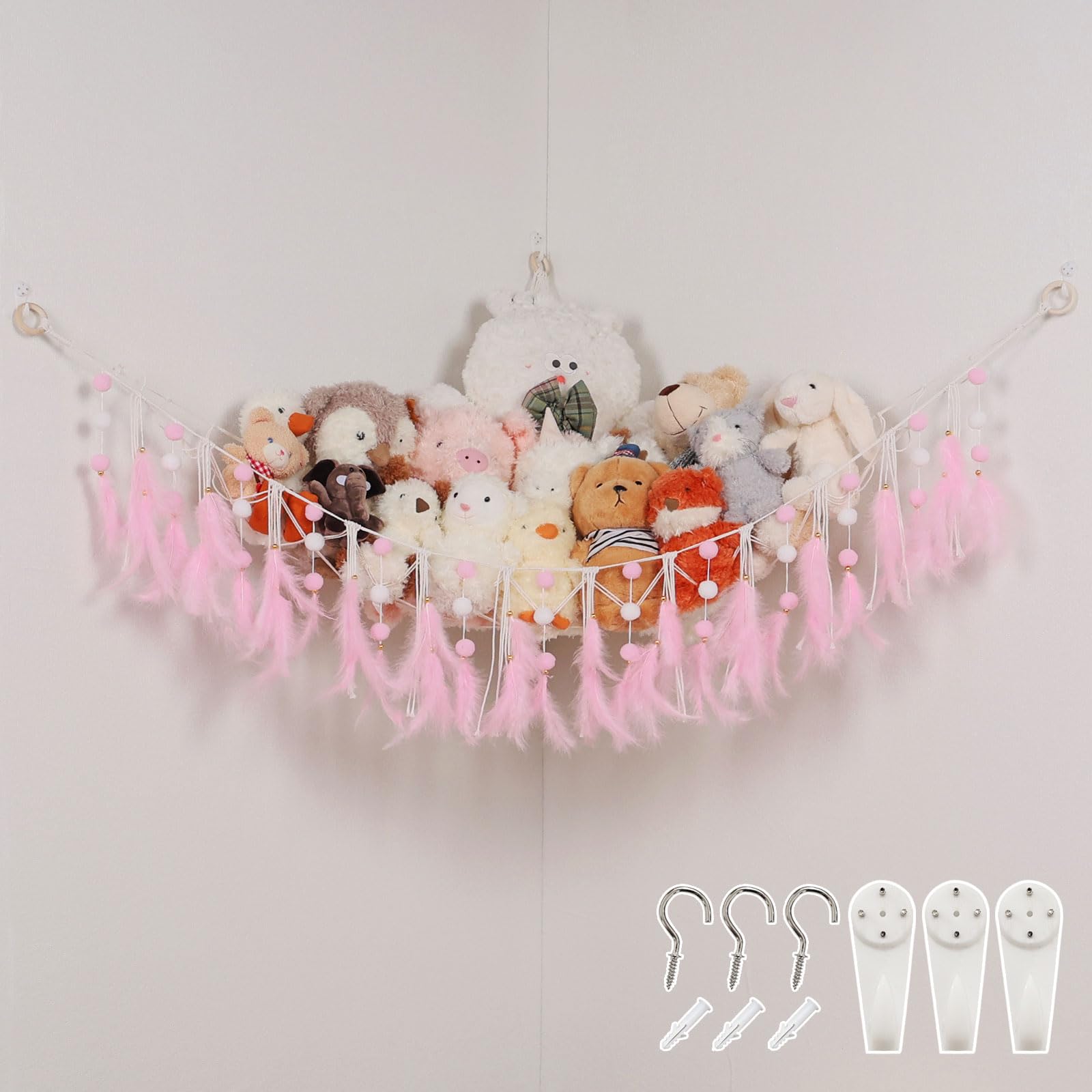 Pretty Jolly Stuffed Animal Hammock with Pompom Feather Macrame Handmade Corner Hanging Net Boho Plush Holder for Toys for Nursery Bedroom Boys Girls Gift (Pink)