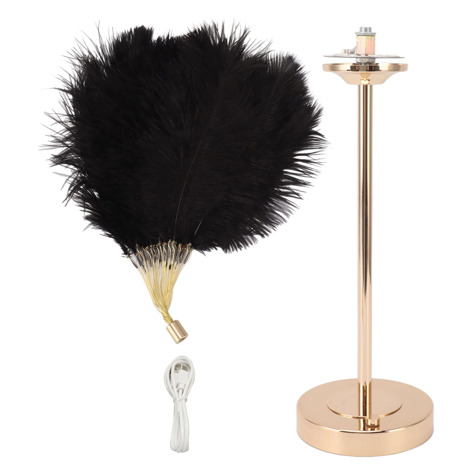 Fdit Feather Table Lamp 3 Color Dimmable Touch Control USB Powered with Faux Feathers and Metal Base for Bedroom Living Room Decor (Black)