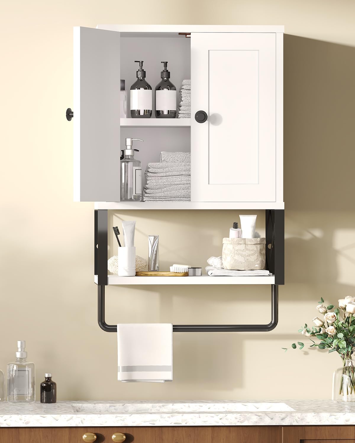 Bathroom Wall Cabinet, White Medicine Cabinet with Towel Rack | 2 Doors & Adjustable Shelves 2 Hooks, above toilet storage cabinet, for Bathroom Laundry Room, Living, Kitchen UXYYG024W