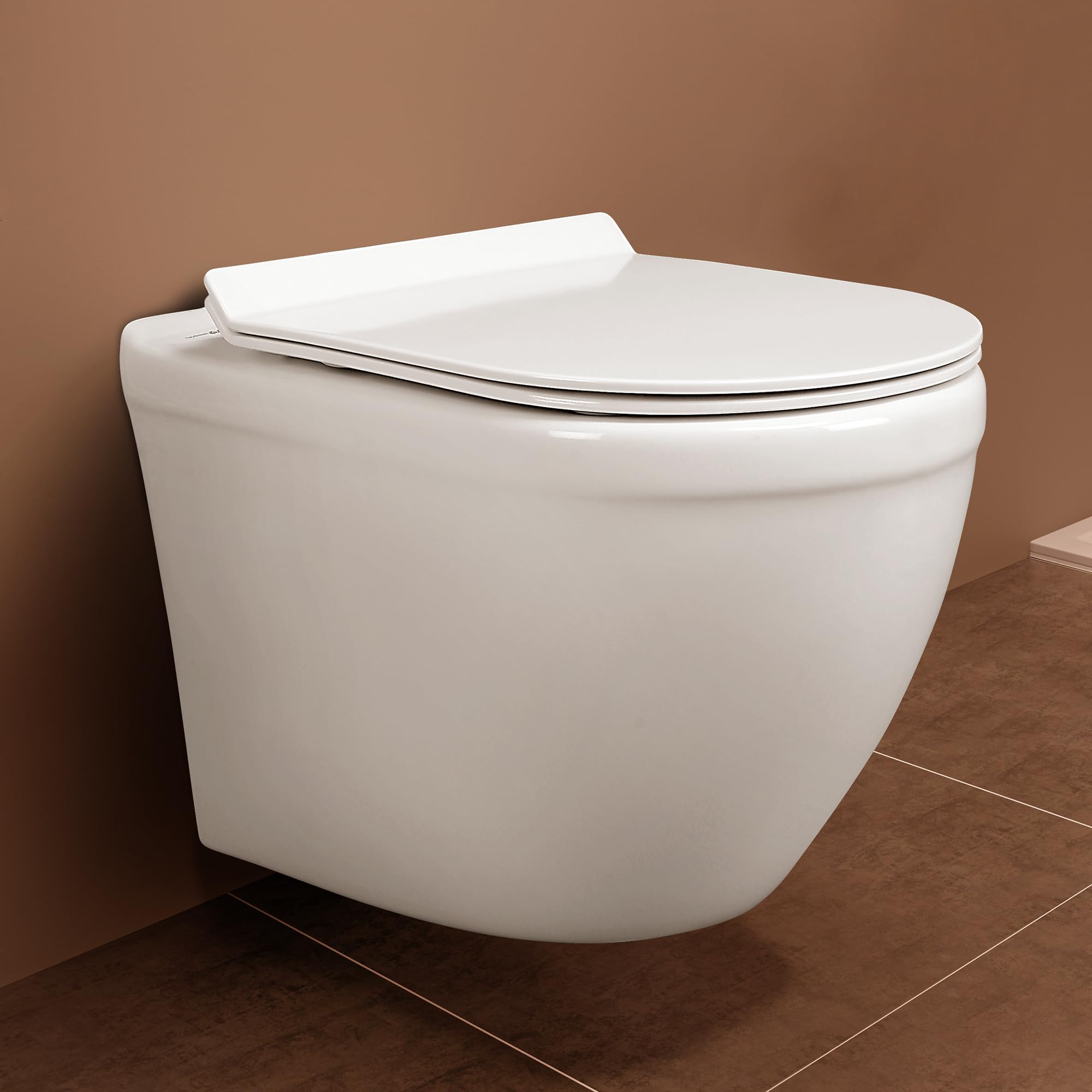 Hindware Italian Collection Pearl Western Commode for Bathroom | Made of Ceramic | S-220 Trap | Duroplast Seat | Rimless | Soft Close Feature | Star White | Oval Shape | Wall Mount | 10-Year Warranty