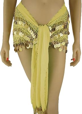 Belly Dance Chiffon Colorful Bead & Coin Hip Scarf (Yellow/Gold) | Winding Winds