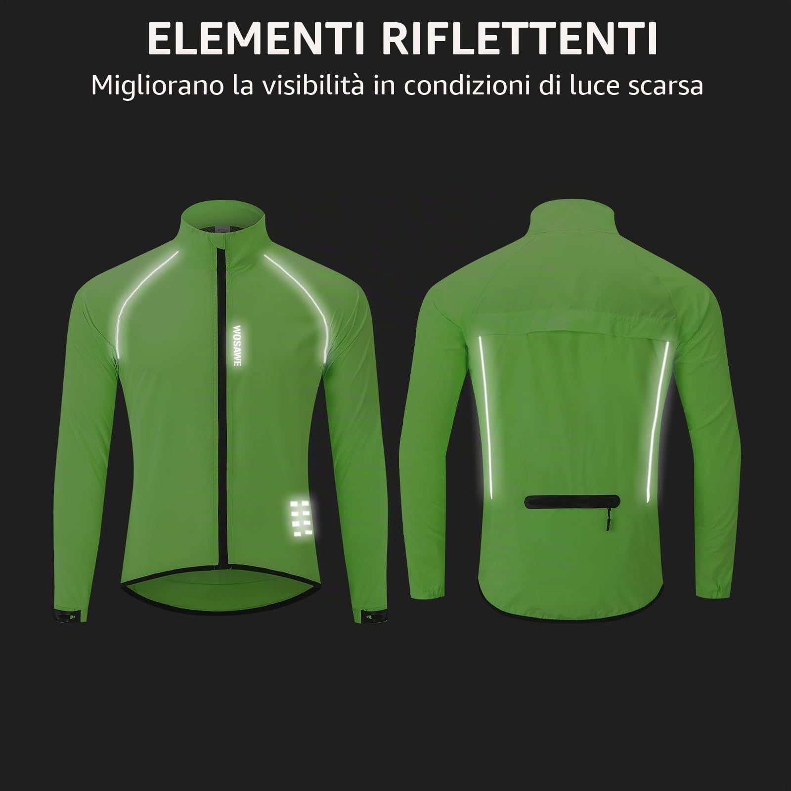 WOSAWE Giacca da corsa da ciclismo da uomo impermeabile e riflettente, giacca a vento leggera, giacca da bicicletta antivento(Verde XL)