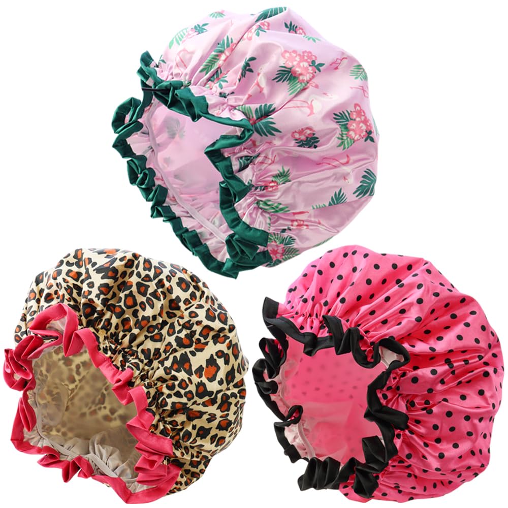 3 gorros de ducha reutilizables, impermeables, de doble capa impermeable, gorro de ducha suave y cómodo con forro de EVA, gorro de ducha de protección para el cabello para mujer