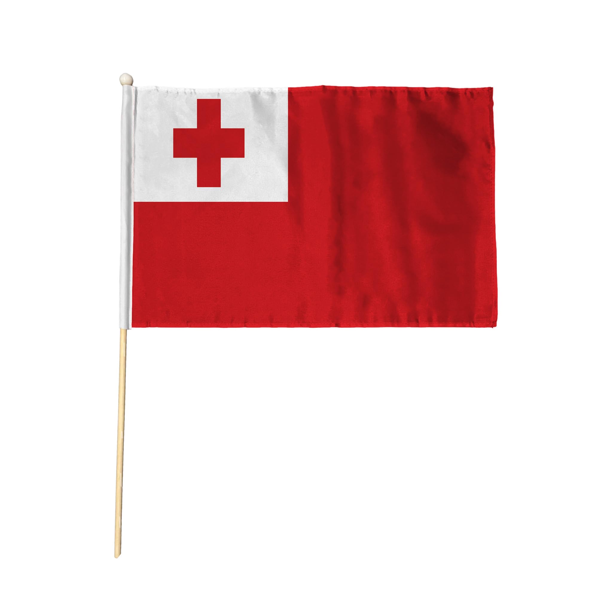 Flagtex Tonga Hand Waving Flag (18x12 Inch Large) - Premium Wooden Stick Hand Flag Big Size Natural Wood Pole Pacific Island Red White Cross Kingdom Flag Events Parades Celebrations