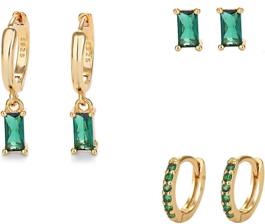 Gold Hoop Earrings With Green Drop, Huggie Hoops For Women & Men - 14K Gold, Hypoallergenic - 2PCS