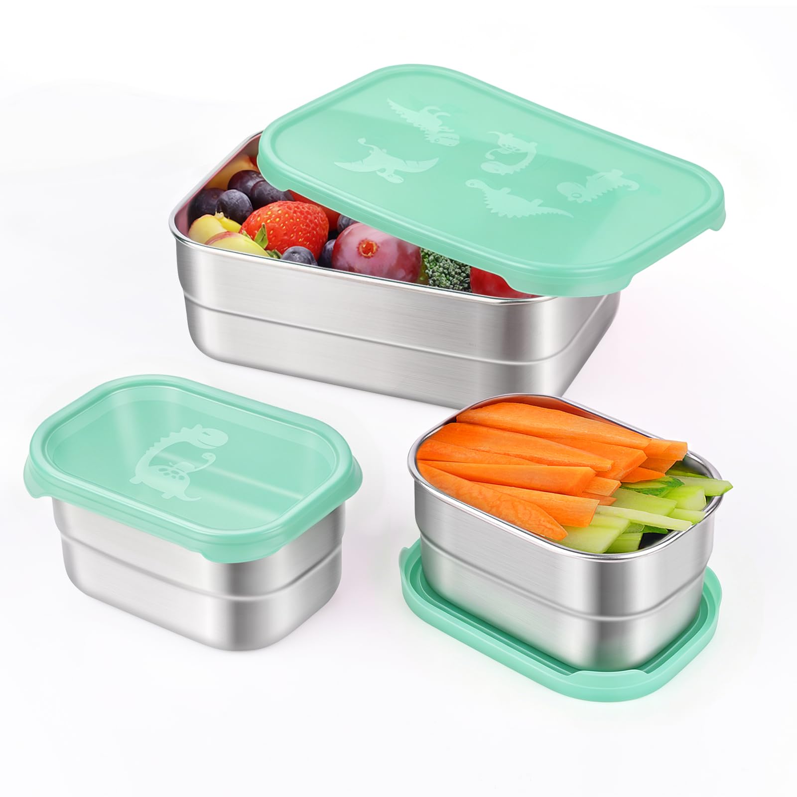 Tanjiae 3 CUP+1 CUP Stainless Steel Lunch Snack Containers Set | Leak Proof 304 Stainless Steel Food Containers with Silicone Lids - Perfect Metal Lunch Box for Home and Travel (25oz+8oz*2)