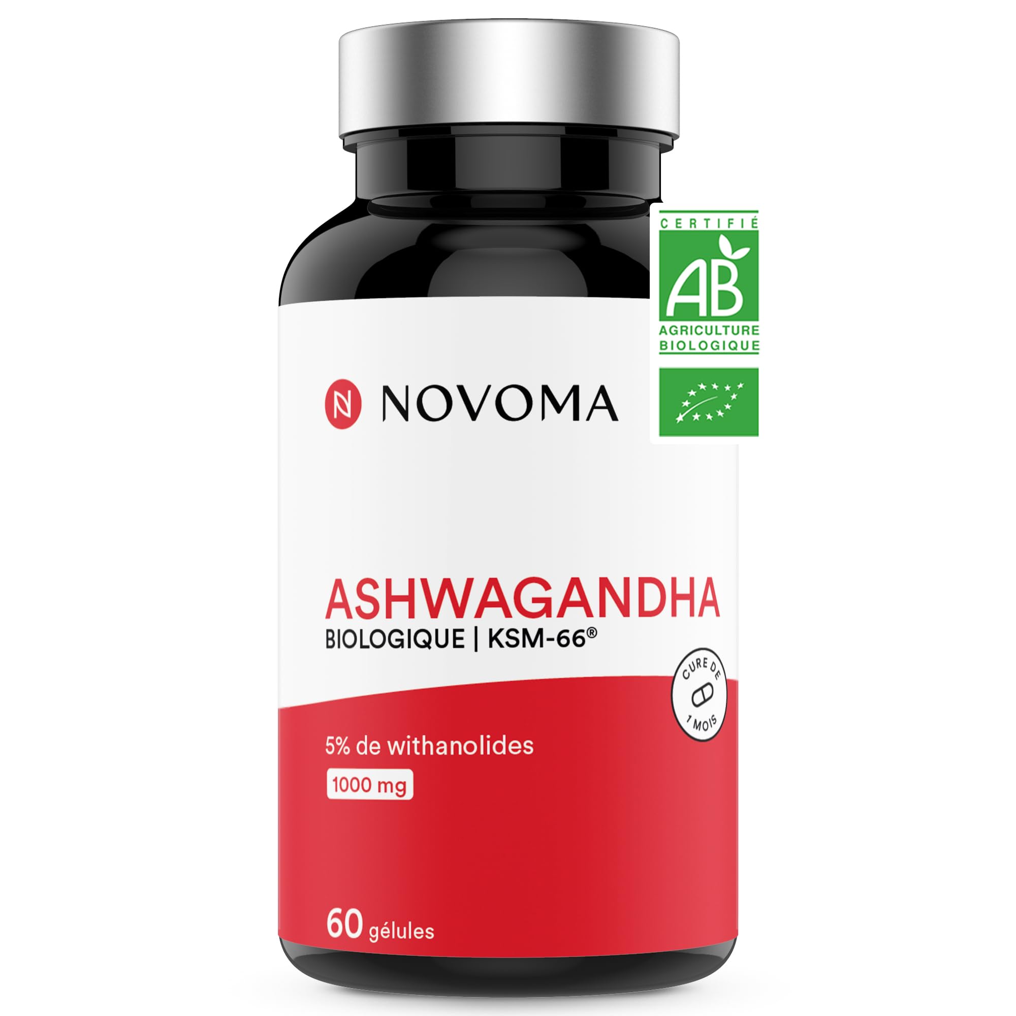 NOVOMA Ashwagandha KSM-66® 1000 mg, Anti-stress & Sommeil, 5% de Withanolides, 60 Gélules Vegan, Fabriqué en France