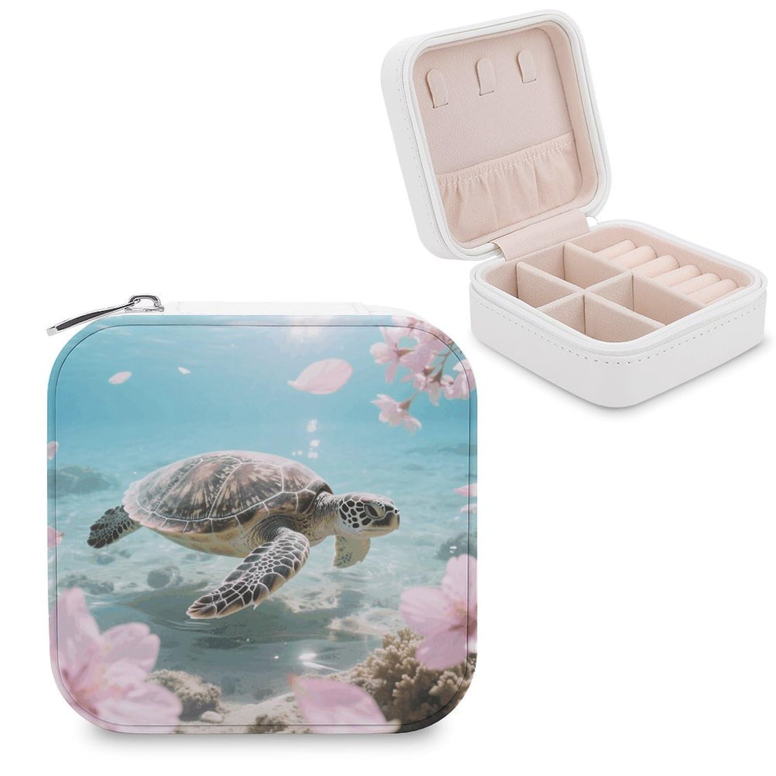 VstaDank Sea Turtle Cherry Blossom Jewelry Organizer Travel Case for Women With Zipper Mini Jewelry Case PU Leather Jewelrys Box for Rings Necklaces Bracelets Earring Holder Organizer Storage
