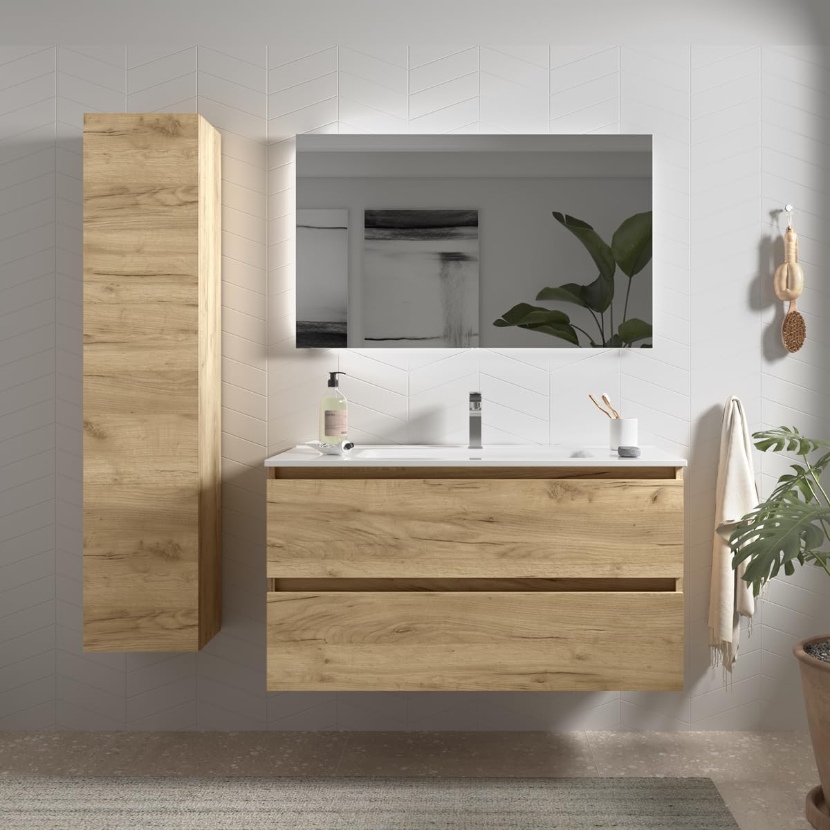 Mueble de baño Bequia 100 cm con Lavabo 100% montado de fábrica | Acabado Roble suspendido 2 cajones Cierre amortiguado Apertura con uñero | Lavabo Porcelana Blanca | Marca Salgar