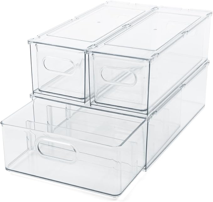 Clear Refrigerator Organizer Bins For Pantry Organization and Food Storage, Stackable Plastic Storage Bins With Pull-Out Drawer – Kitchen and Pantry Storage Containers, 3 Pack