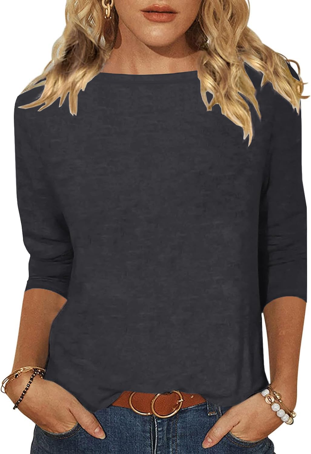 Minetom Tshirt Damen 3/4 Arm Shirt U-Boot Ausschnitt | Leichte, Pullover, Tops, Basic, Oberteil, Sommer, Herbst, Boat Neck, Einfarbig, Elegant, Casual, Regular Fit