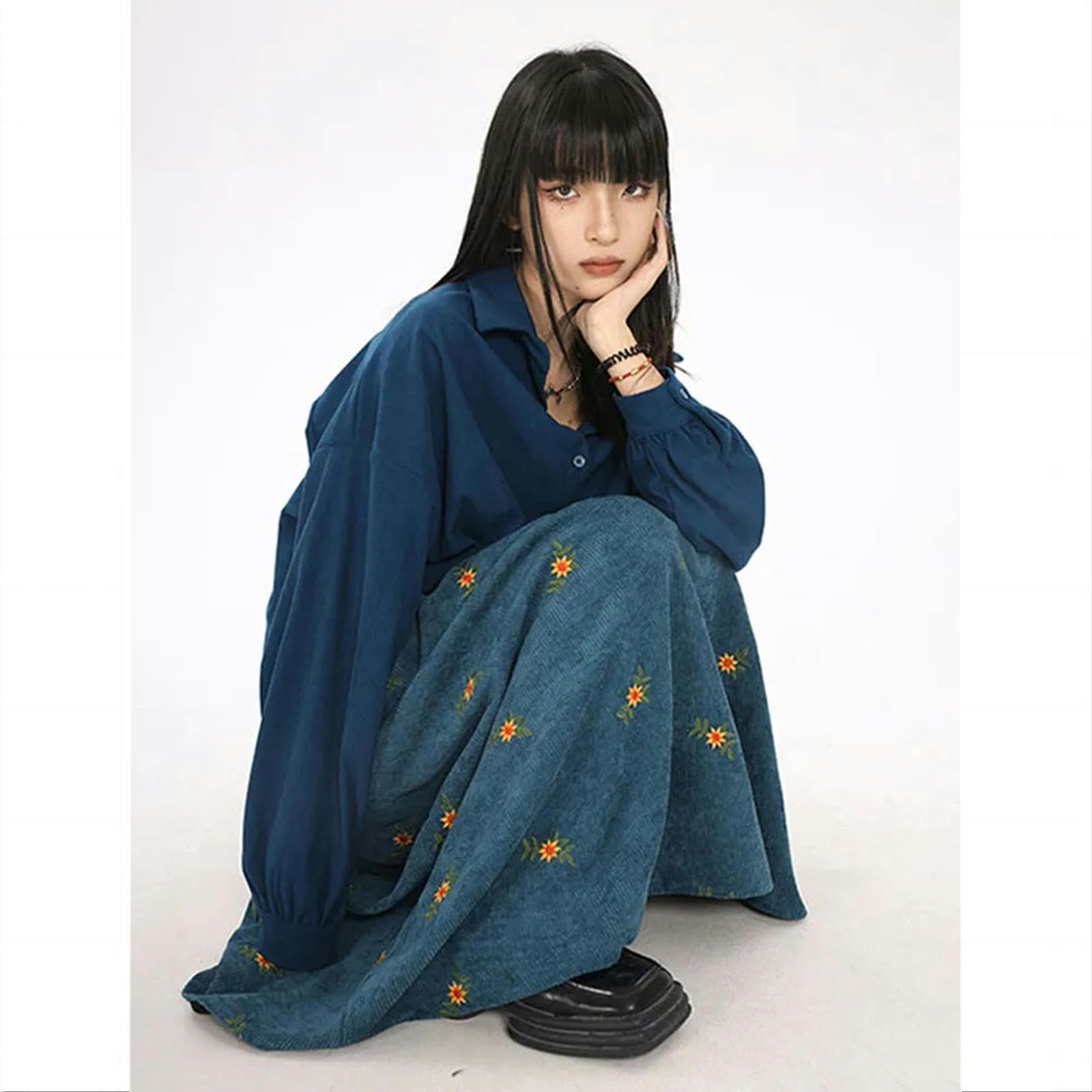 MdybF Gonna Jeans Donna Donne Autunno Inverno Velluto Ricami A Velluto Sciolte Floreali Casual retrò-caffè