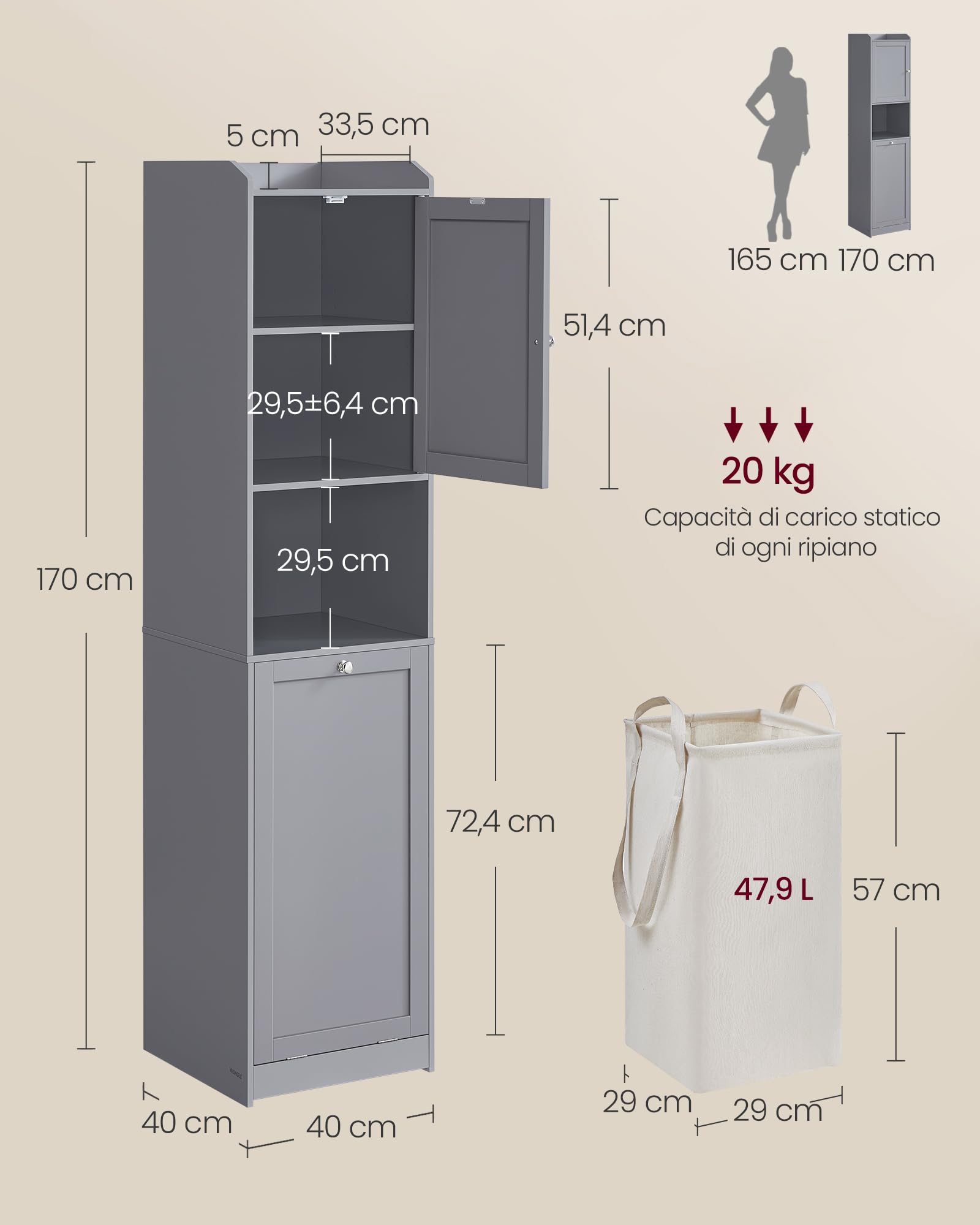Mobile Portabiancheria VASAGLE Per Bagno - Alto Con Anta E Cestino Rimovibile, Bianco