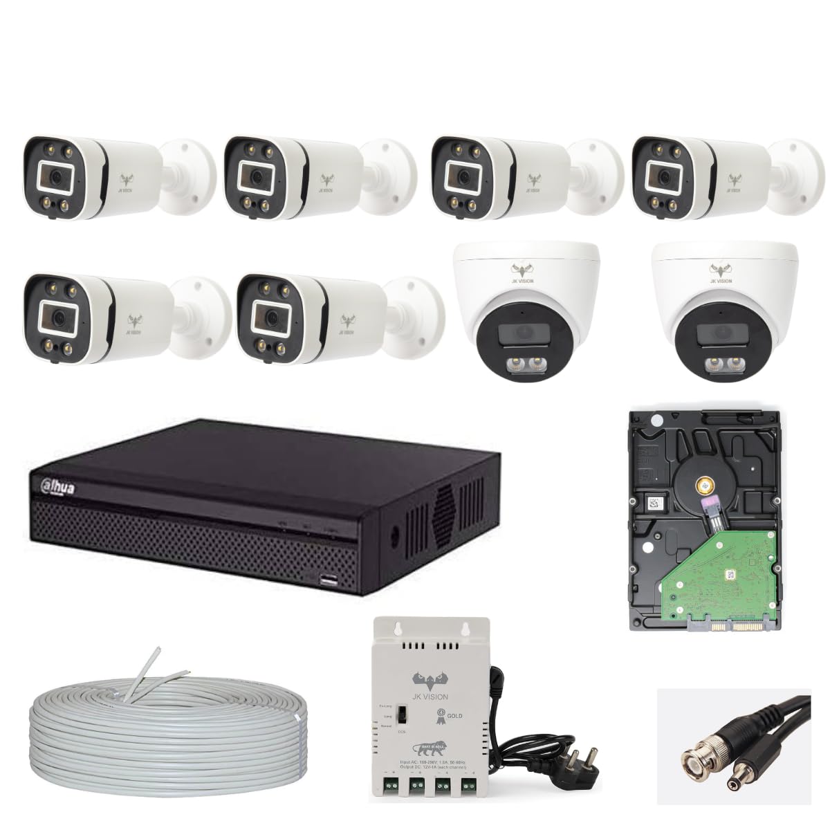 JK Vision 2.4MP ColorVu CCTV Camera System for Home, Office, School (6 Bullet, 2 Dome, 1TB Hard Disk, 8 Channel Power Supply, DVR, 90Mtr Cable, BNC/DC)