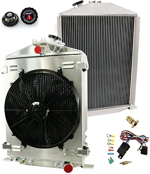32 Ford Model Series Radiator Fan Shroud, 3 & 4 Row Aluminum Radiator + 16" Fan w/Shroud + Thermostat Relay Compatible with 1932 Ford HI/High Boy Street/Rat Rod 4 Row Core-32 Ford High Boy