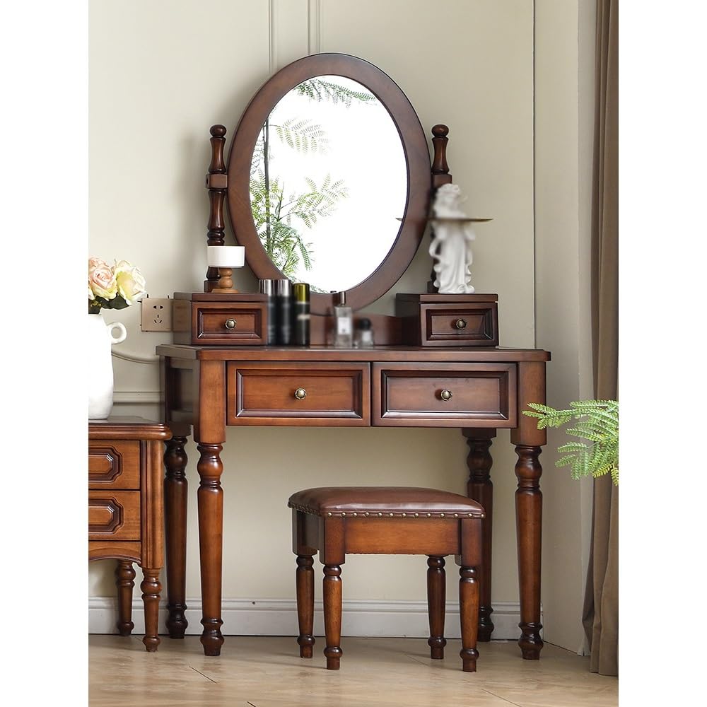 AOTPA Kosmetikspiegel mit Lichtern und Tischset Schminktisch aus Holz, Schlafzimmer, Landhausstil, Schminktisch mit Aufbewahrungsschrank Teenie-Waschtisch mit Spiegel und Hocker