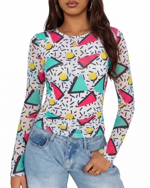 Image of 80s 90s Outfits for Women 80s Themed Party Sheer Top Retro Disco Sexy Going Out Tee 90s Streetwear Shirt