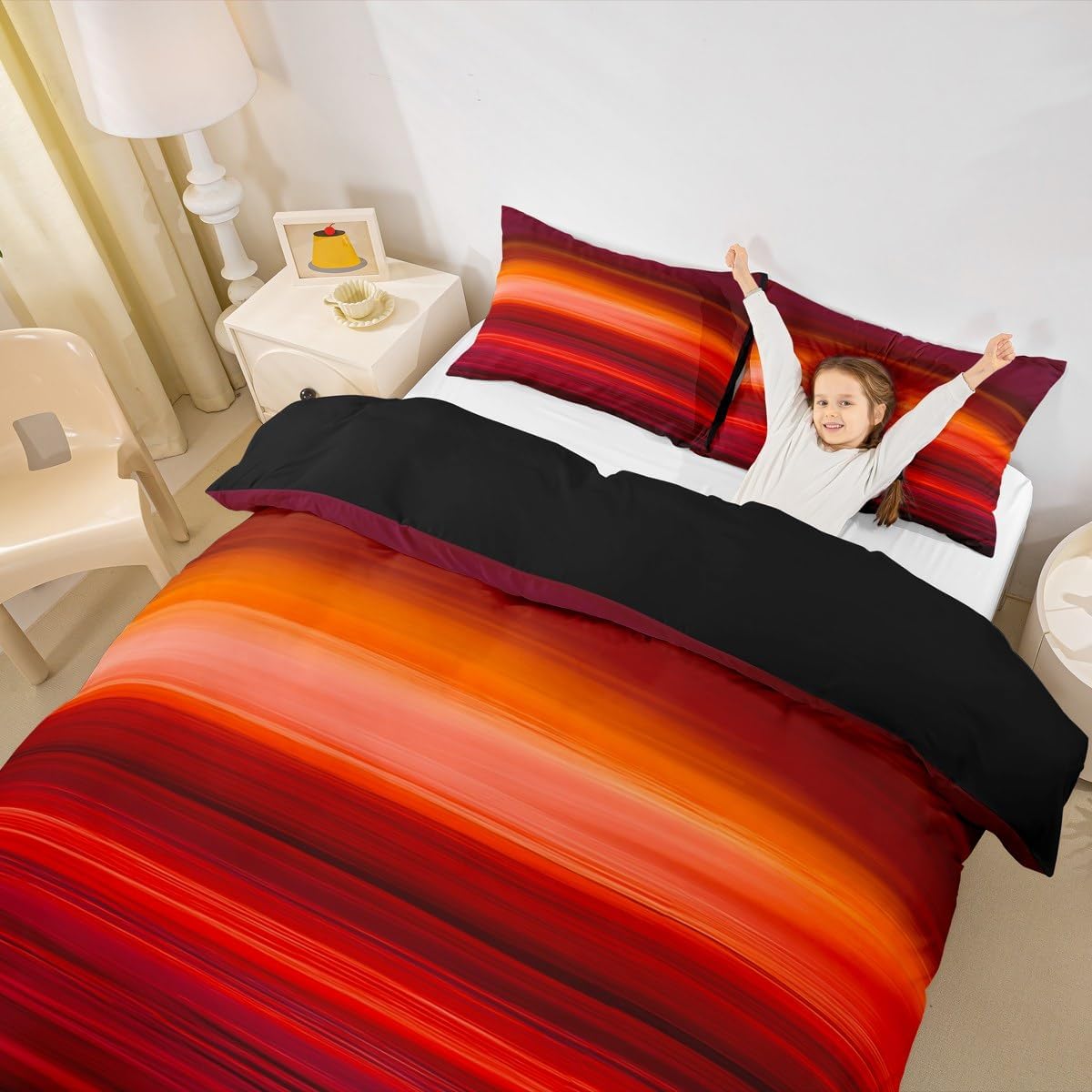 Red Print Comforter Cover Sunset Color Bedding Set Red Tropical Exotic Stripe Duvet Cover for Children Kids Boys Girls Microfiber Modern Design Bedspread Cover Room Decor Bedclothes King Size