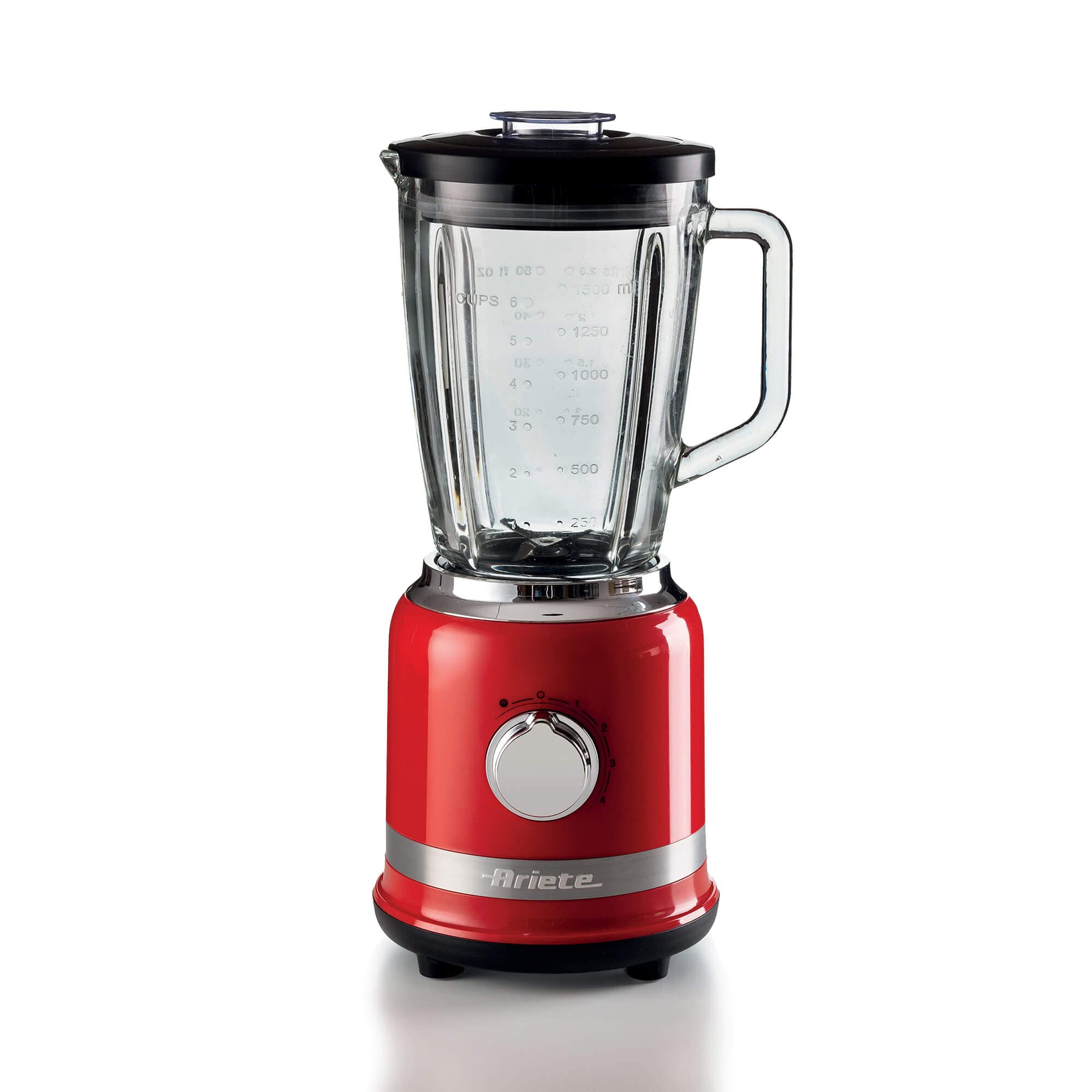 Ariete 585/00 - Batidora moderna, 1000 W, capacidad 1,5 L, 4 velocidades + función Pulse, taza de cristal graduada, 4 cuchillas de acero inoxidable, rojo
