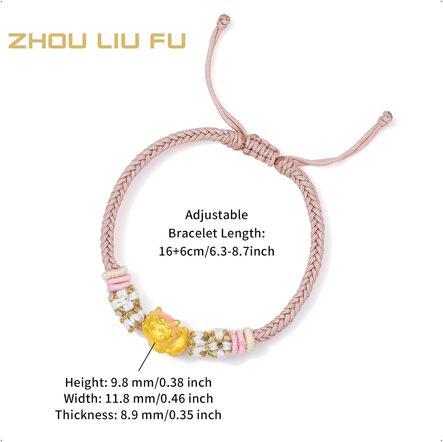 24K Gold Charm Bracelet Enamel Rat Mouse Bracelets 12 Chinese Zodiac Pink Braided Link Cute Animal Real Gold Jewelry for Women Daughter New Year Birthday Gifts 16+6cm/6.3+2.36"