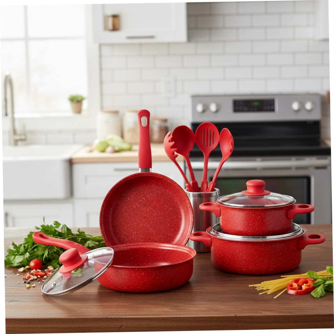 Set Di Pentole Antiaderenti, Set Di Pentole Antiaderenti Da 13 Pezzi, E Padelle Con Padella, Pentola Per Il Latte E Utensili Per La Cucina Casalinga, Rosso..