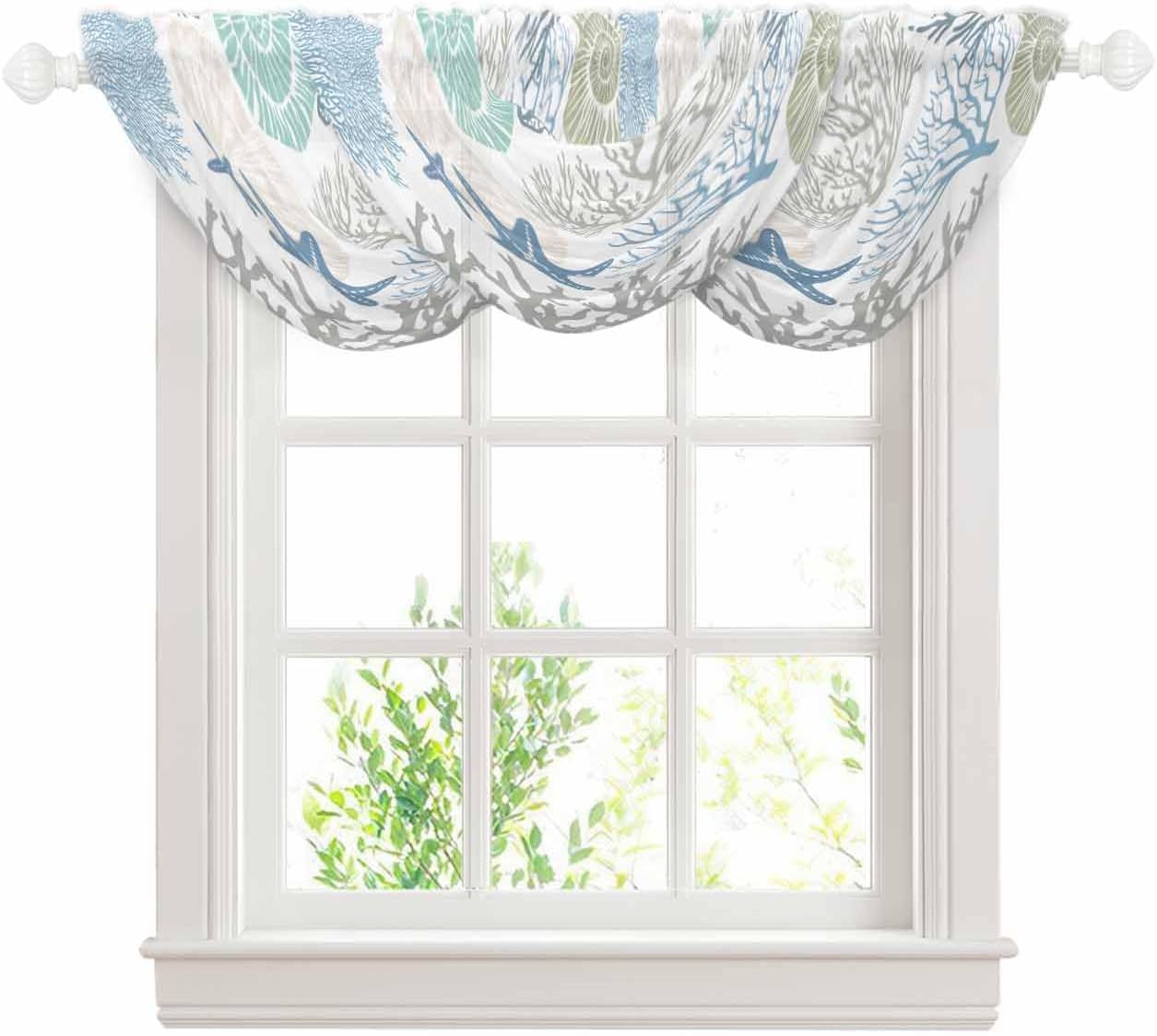 Blue Coastal Sheer Waterfall Valances for Window, Summer Beach Teal Coral Rod Pocket Sheer Curtain Topper, Starfish Nautical Swag Curtains for Living Room, Kitchen, 38.5"W x 47.2"L, 3 Panels