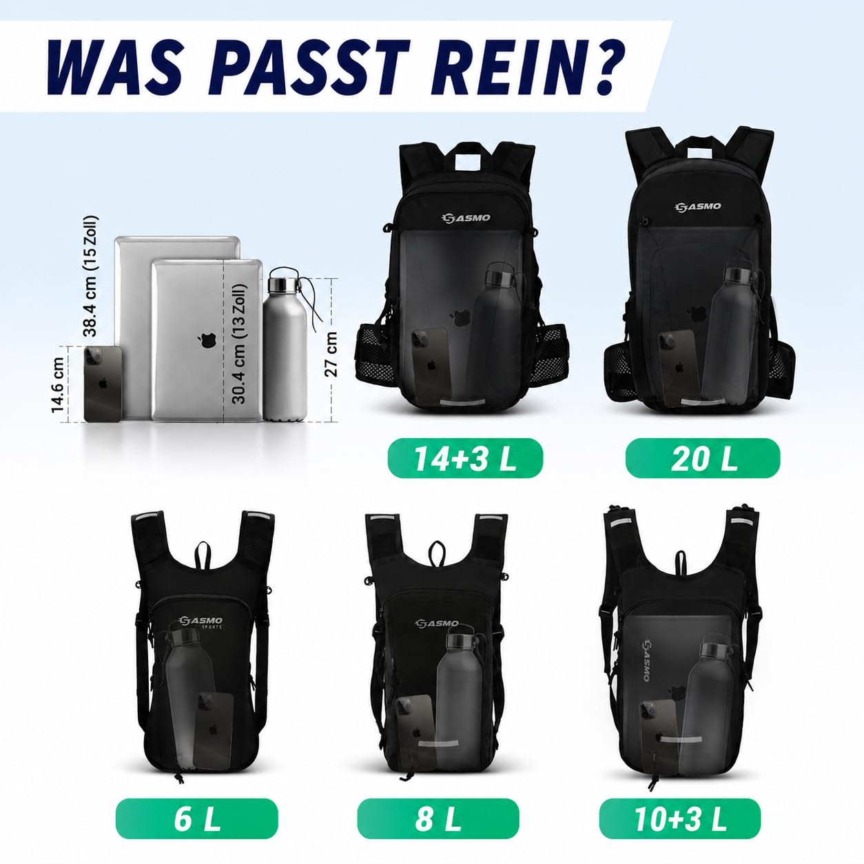 SASMO® Fahrradrucksack & Skirucksack 6L / 8L / 10+3L / 14+3L mit Thermofach, Helmnetz & Regenschutz | Ultraleicht - MTB Rucksack Herren & Damen | Kleiner Fahrradrucksack Herren & Damen