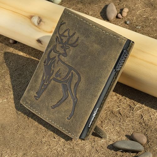 Image of The X Project Staggo Trifold Wallet | Genuine Leather | Aluminium Cardholder | Side Slide Pop-Up Card Ejector | Carry Up to 6 Cards and 1 Slot for Carrying Cash & Folded Bills (Greenish Brown)