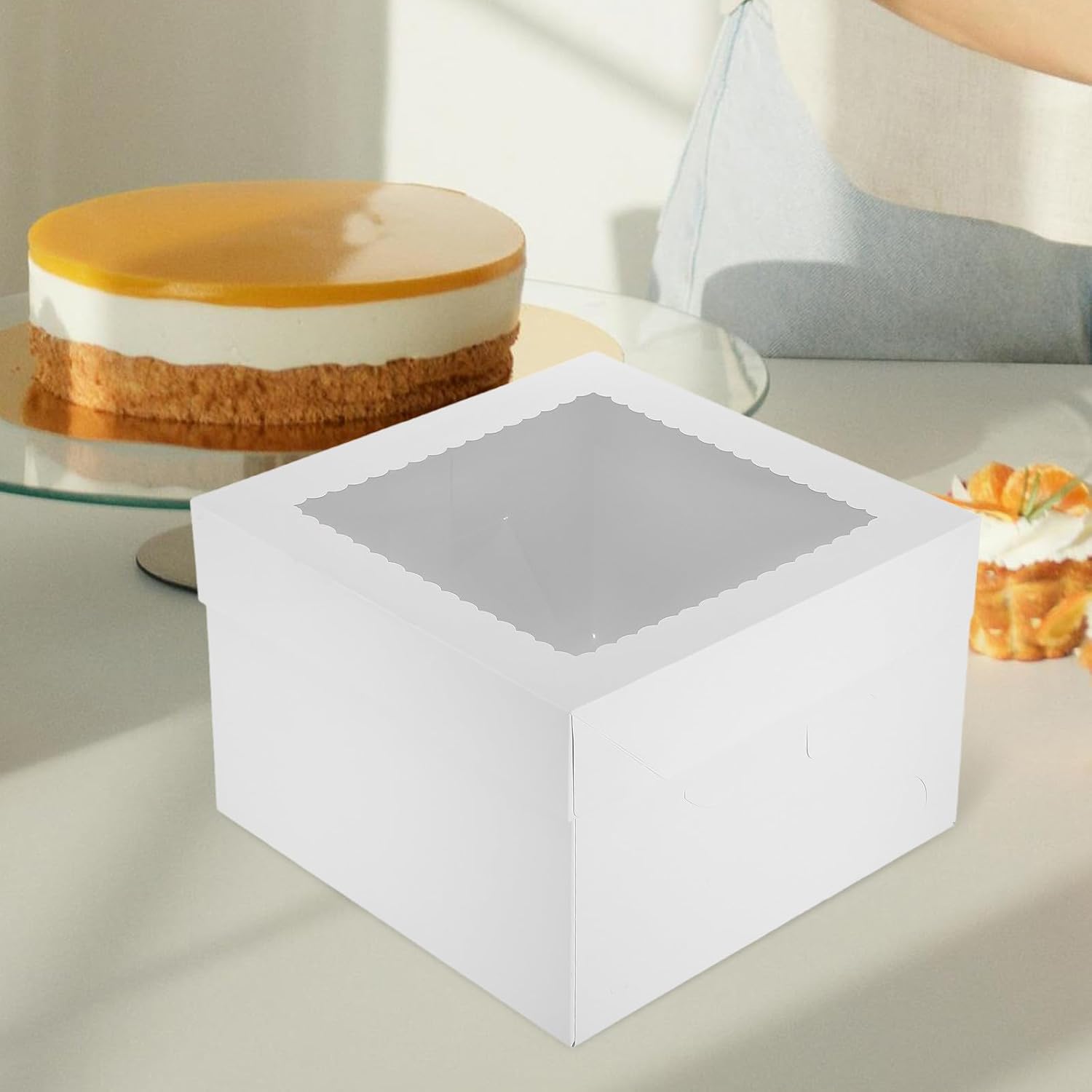 Operitacx Tall White Cake Storage Box with Lid and Drum Board, Extra Deep Cardboard Cake Carrier for Birthday Parties, Weddings, Celebrations (White, 10x10x8 Inch)