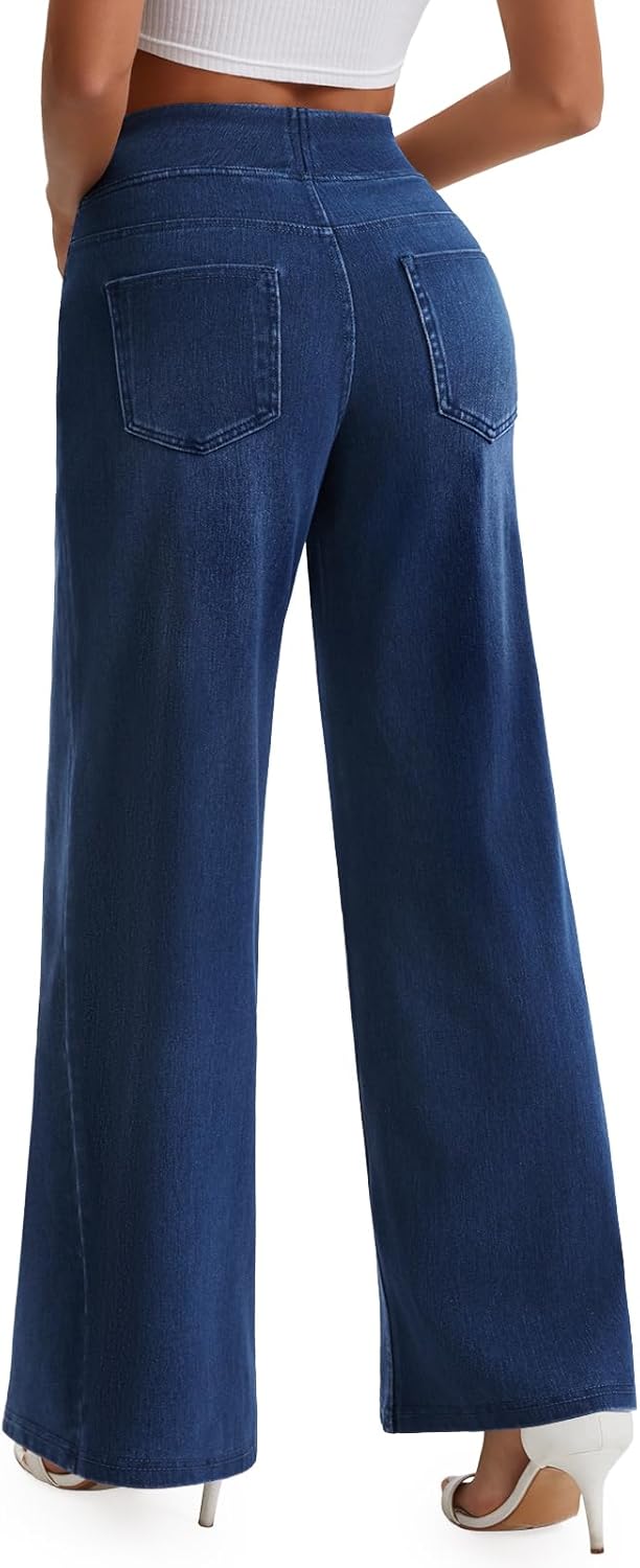 Women's Wide Leg Jeans High Waisted Pull On Baggy Jeans Stretchy Elastic Waist Sweatpant Trendy Loose Denim Pants - Image 2