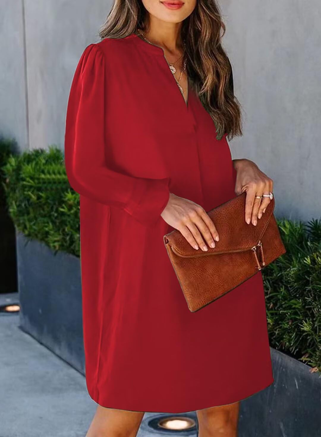 Wkior Elegant Dresses for Women V Neck Long Sleeves Casual Solid Color Dress Red XL - Image 2