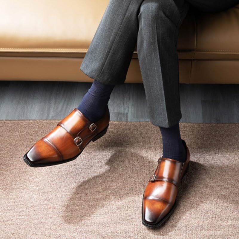 Men's Oxfords Business Dress Shoes Men's Shiny Patent Leather Suit Tuxedo Shoes Double Monk Strap Dress Shoes Pointed Toe Leather Oxford Formal Business Casual Cap Toe Dress Shoes for Men(Brown,8.5)2