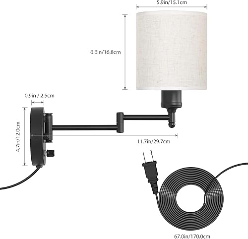 Miniatura 5 de CADUKE Juego de 2 lámparas de pared enchufables, lámparas de pared con brazo oscilante, modernos apliques de pared para dormitorio con pantalla de