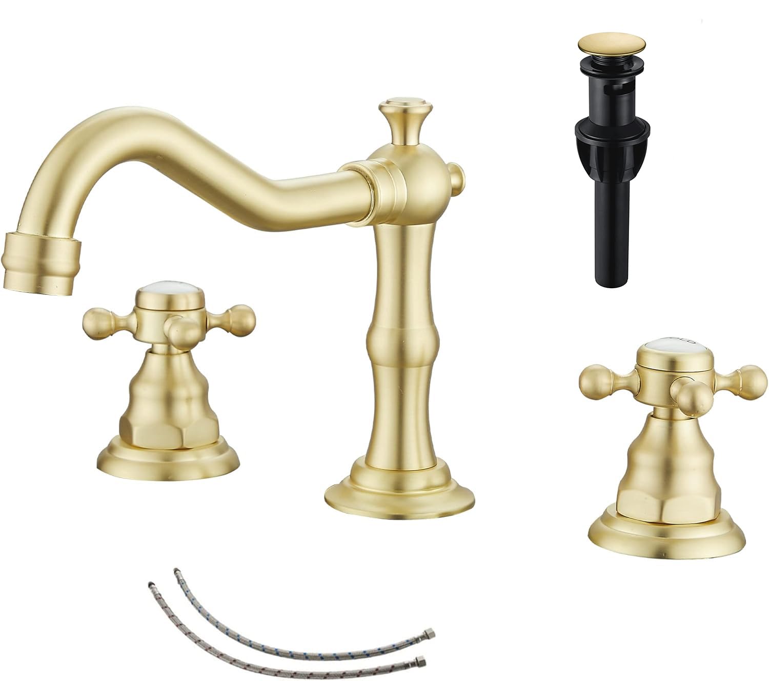 GGStudy Brushed Gold Bathroom Faucet 2 Handles 3 Holes Widespread