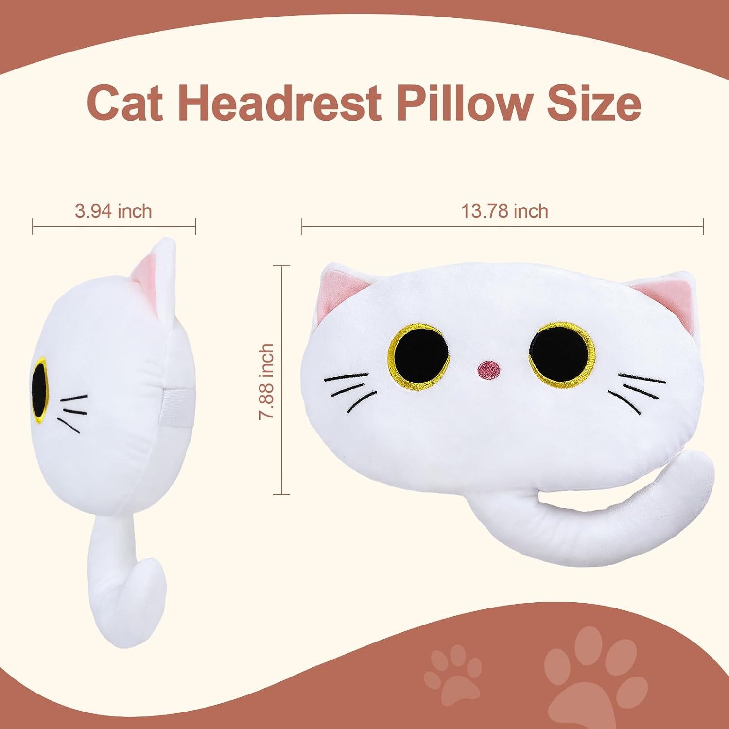 White Cat Car Headrest Pillow Cartoon Car Seat Pillow Cat Neck Support Plush Cushion for Driving Seat (2 pcs) image 3