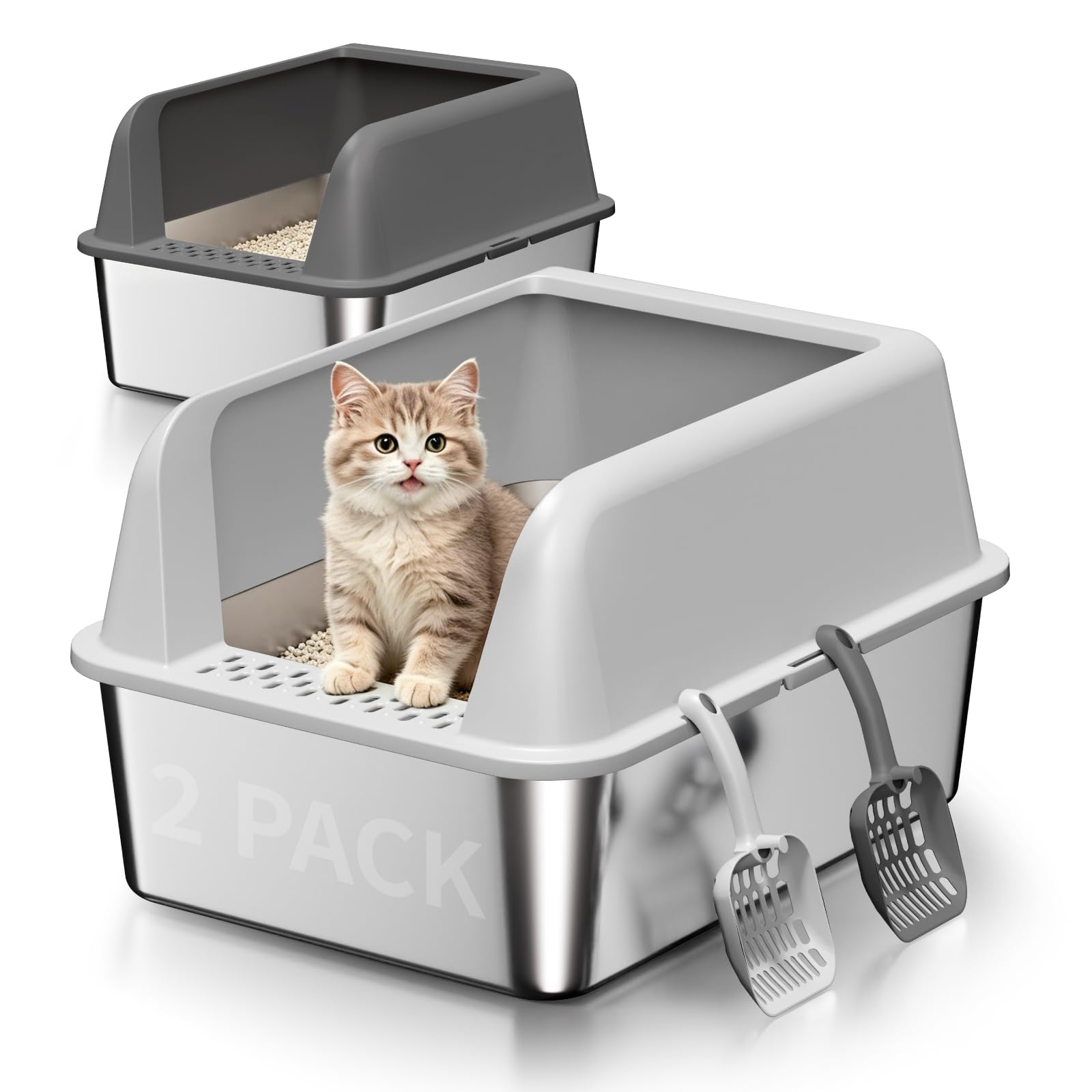 Fusblom Edelstahl Katzenklo mit Deckel, 2 Stück Metal Katzenklo XXL | mit Hoher Rand für Erwachsene Katzen,Wasserdicht, Antihaftend, Leicht zu Reinigen & Kompakt, S
