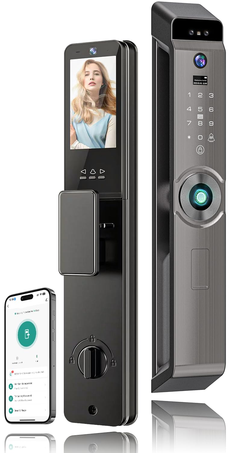 Smart lock, Door Lock,Multiple Unlocking Methods,Tuya,2 Independent cat's eye,5000 mah battery, 3D face recognition 6068 mortise,Class C lock cylinder. (M12pro)