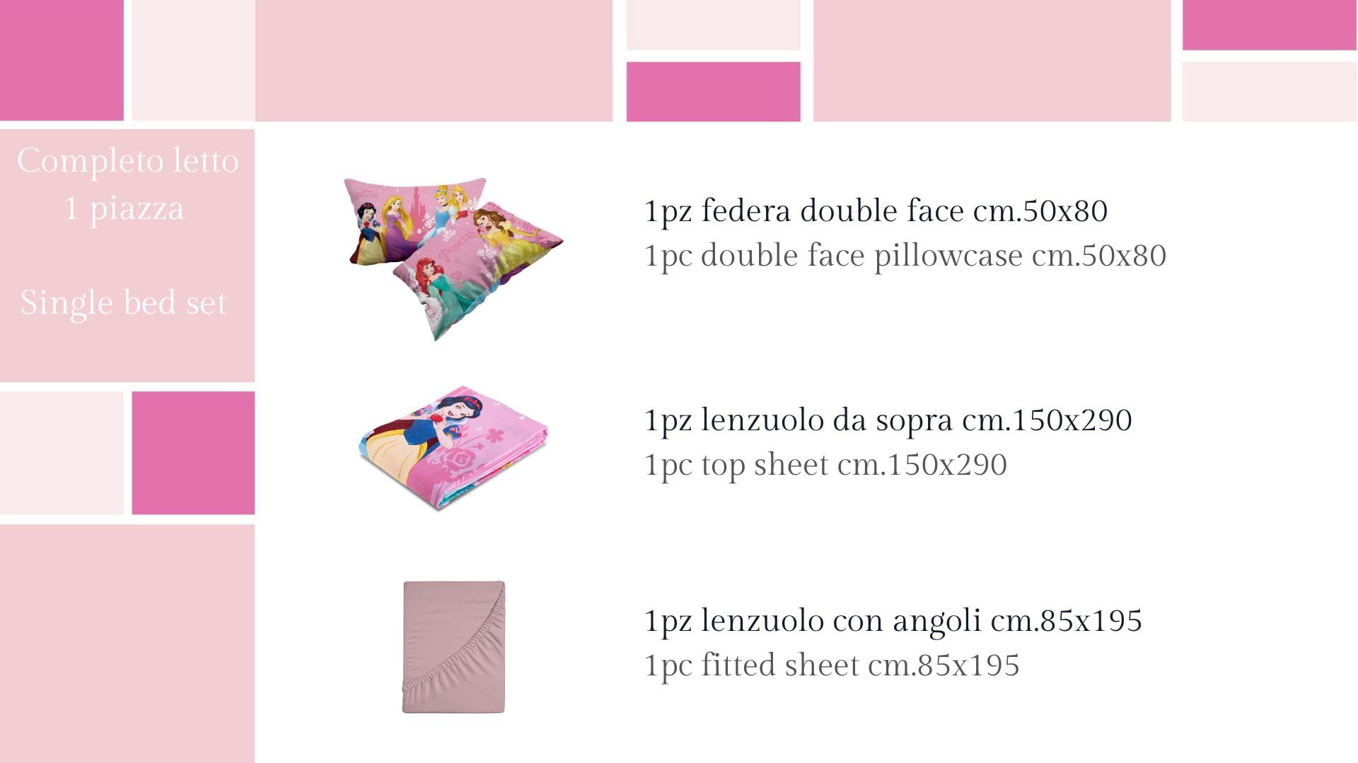 Princess, Parure de lit 1 Place Disney, Drap de Dessus, Drap de Dessus, taie d'oreiller, Rose, Disney, 100% Coton, Produit Officiel