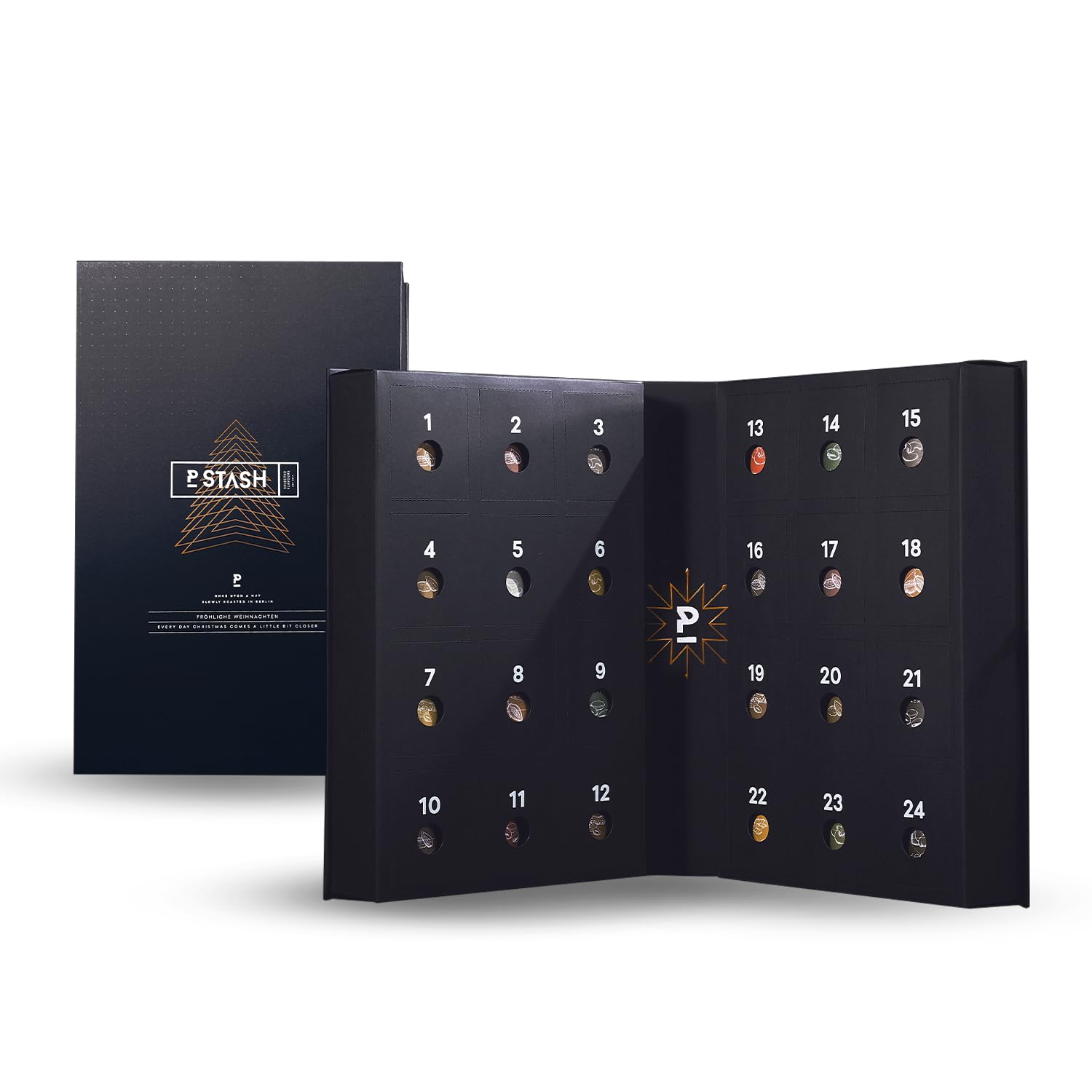 Calendario dell'Avvento P-Stash 2025 - Calendario di Natale con frutta secca e cioccolato - Pistacchi, mandorle, nocciole, arachidi e molto altro ancora. - Miscela di frutta secca con spezie uniche