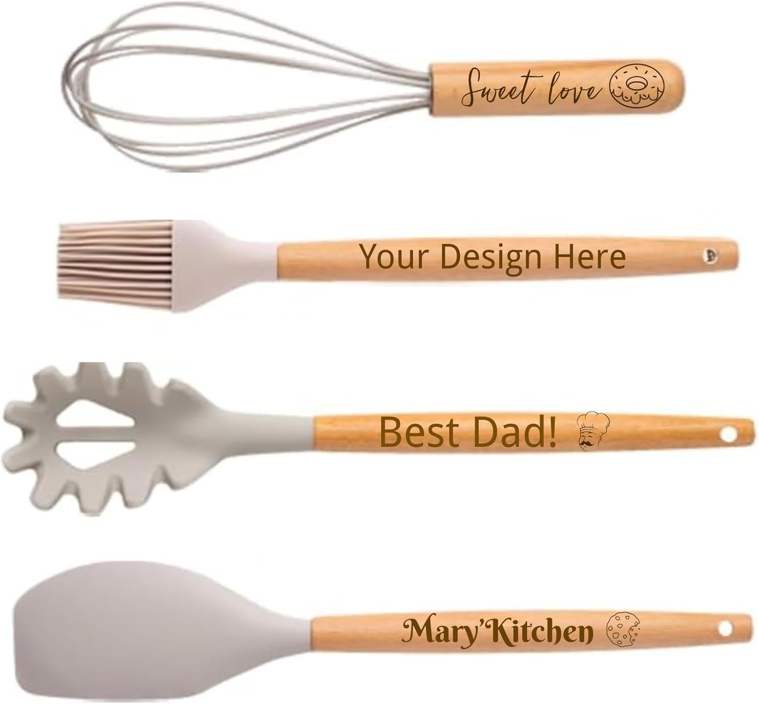 Personalized Non-Stick Silicone Cooking Utensils Set, Custom Engraved Wood Handle 4 Pcs Set, Kitchen Creative Gifts for Mother's Day Father Son Daughter Christmas Birthday Wedding Anniversary