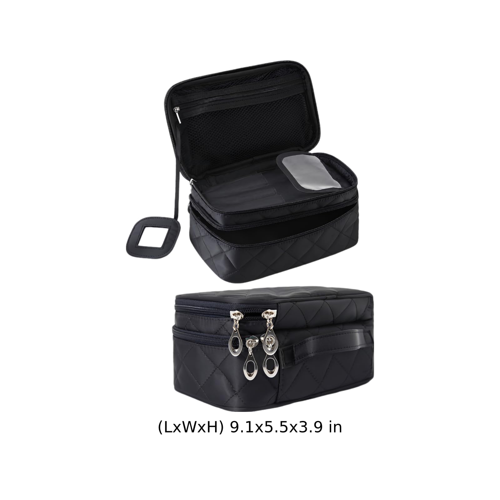 Kosmetiktasche mit Steppung, doppellagige Nylon Make-up Tasche mit Spiegel, wasserfeste Reise-Kosmetiktasche für Pinsel und Pflegeartikel, Hand-Organizer für Urlaub, Business und Training, Schwarz