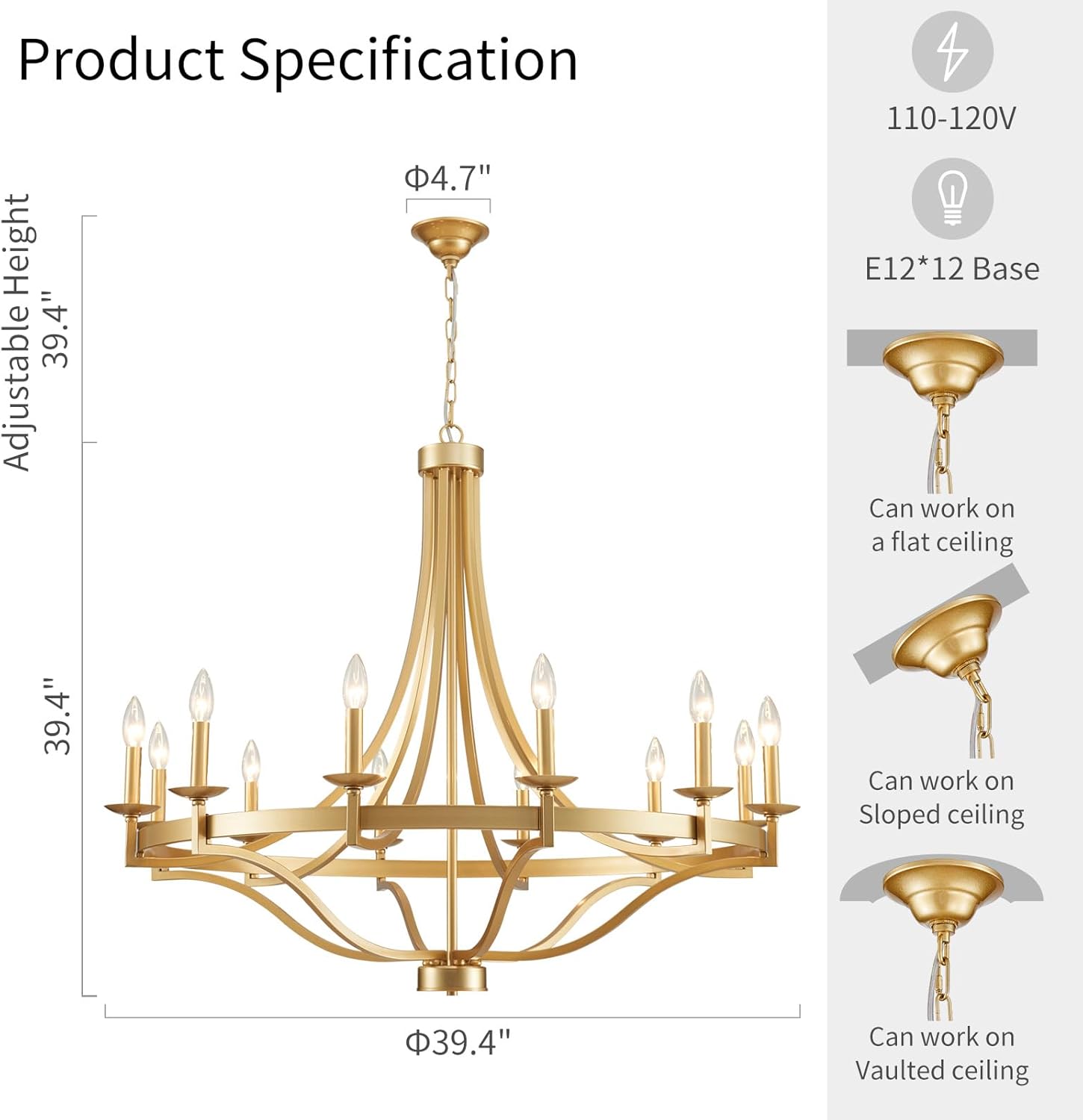 WUZUPS 12-Light Wagon Wheel Metal Candle Chandelier Round Pendant Ceiling Lighting Rustic Farmhouse Fixture Kitchen Island Dining Room, H 39.4" W10, E12 Base, Gold
