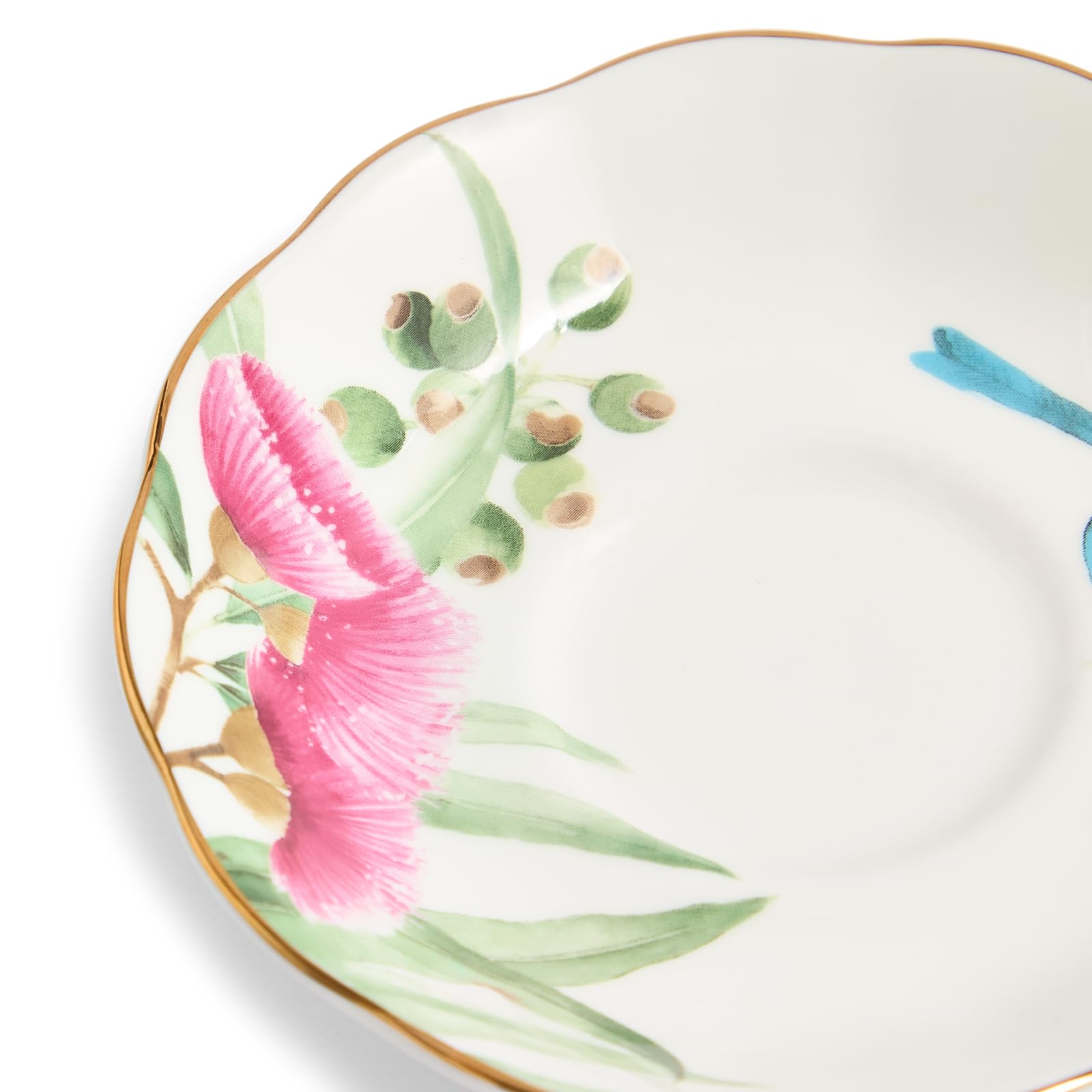 Miranda Royal Albert Kerr Ensemble tasse à thé et soucoupe en porcelaine anglaise Motif floral australien Doré/blanc
