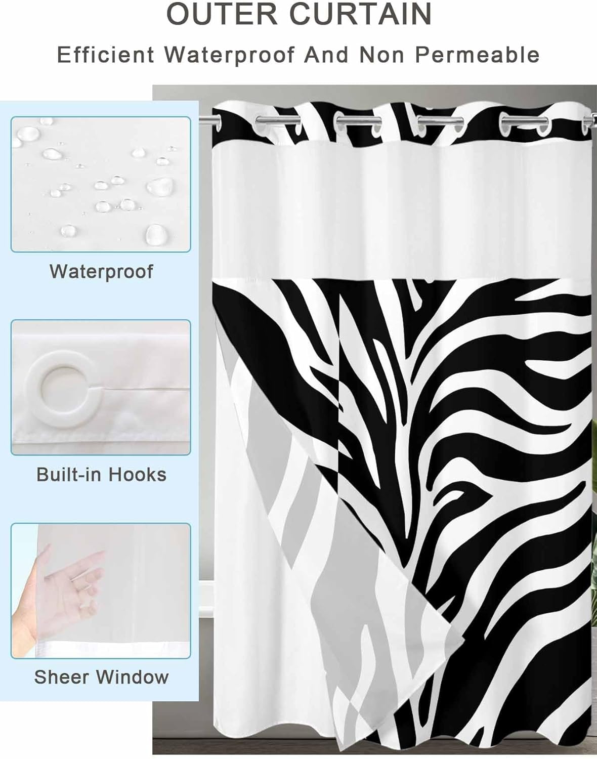 SEVENBABU White Zebra Striped No Hook Shower Curtain with Snap in Liner Waterproof Fabric Shower Curtain Set for Bathroom Animals Fur Abstract Art Shower Curtain with See Through Top Window 72"x72"