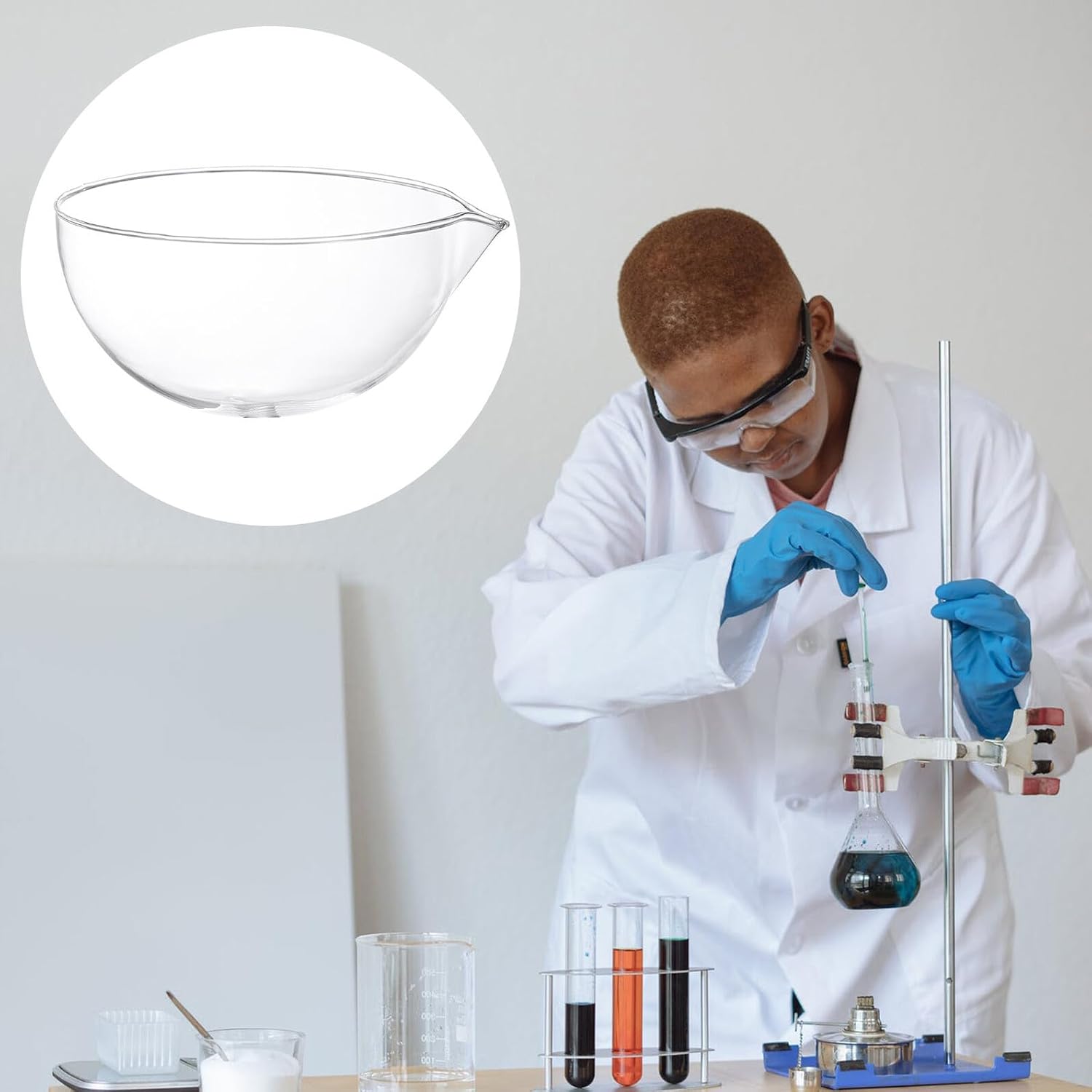 NOLITOY Glass Evaporating Dish with Spout Round Bottom Chemical Resistant Laboratory Evaporation Basin for Heating Storage Classroom Use Premium Glass Container