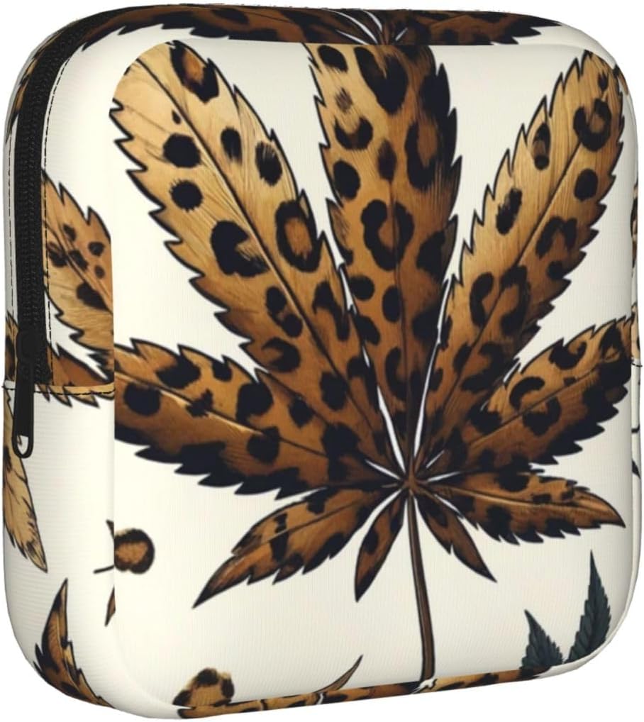 Weed-Leaf-Leopard-Print Portable Period Pad Pouch for Women, Sanitary Napkin Storage Bag with Zipper for Outdoor Use