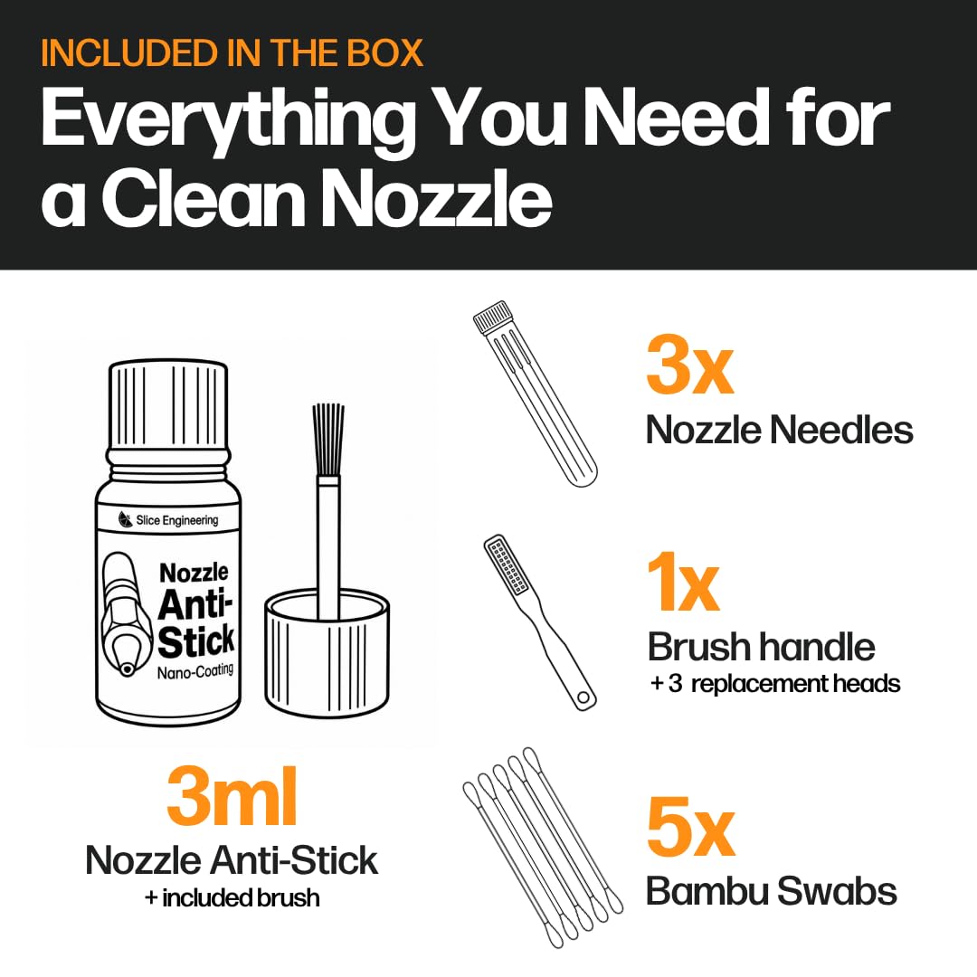 Slice Engineering Nozzle Cleaning Kit Including Anti-Stick Coating | Keep Your Nozzles Clean & Clog Free | Repels Plastic Filament | Nozzle Cleaner 3D Printing No Clogger 3D Printer Tool | 3D Printer Accessories Tools Kit | Plastic Repellent Paint
