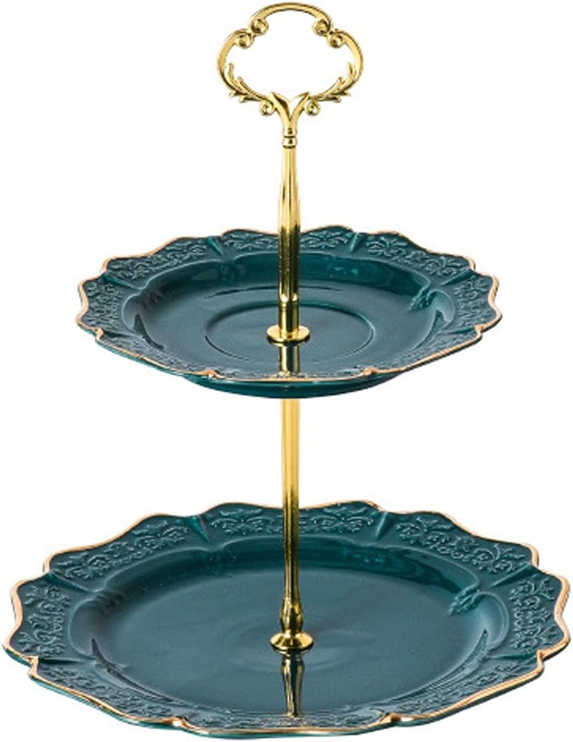 Cake Stand with Metal Handle Ceramic Detachable Dessert Table Multi-Purpose Cupcake Display Stand Afternoon Te (White L) (Green S)