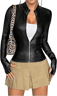 MakeMeChic Women's Faux Leather Jacket Thin Fleece Mock Neck Zip Up Coat | Long Sleeve, Outerwear, Warm, Winter Outfits, Fall Clothes, Music Festival, Y2k, Leather Jackets