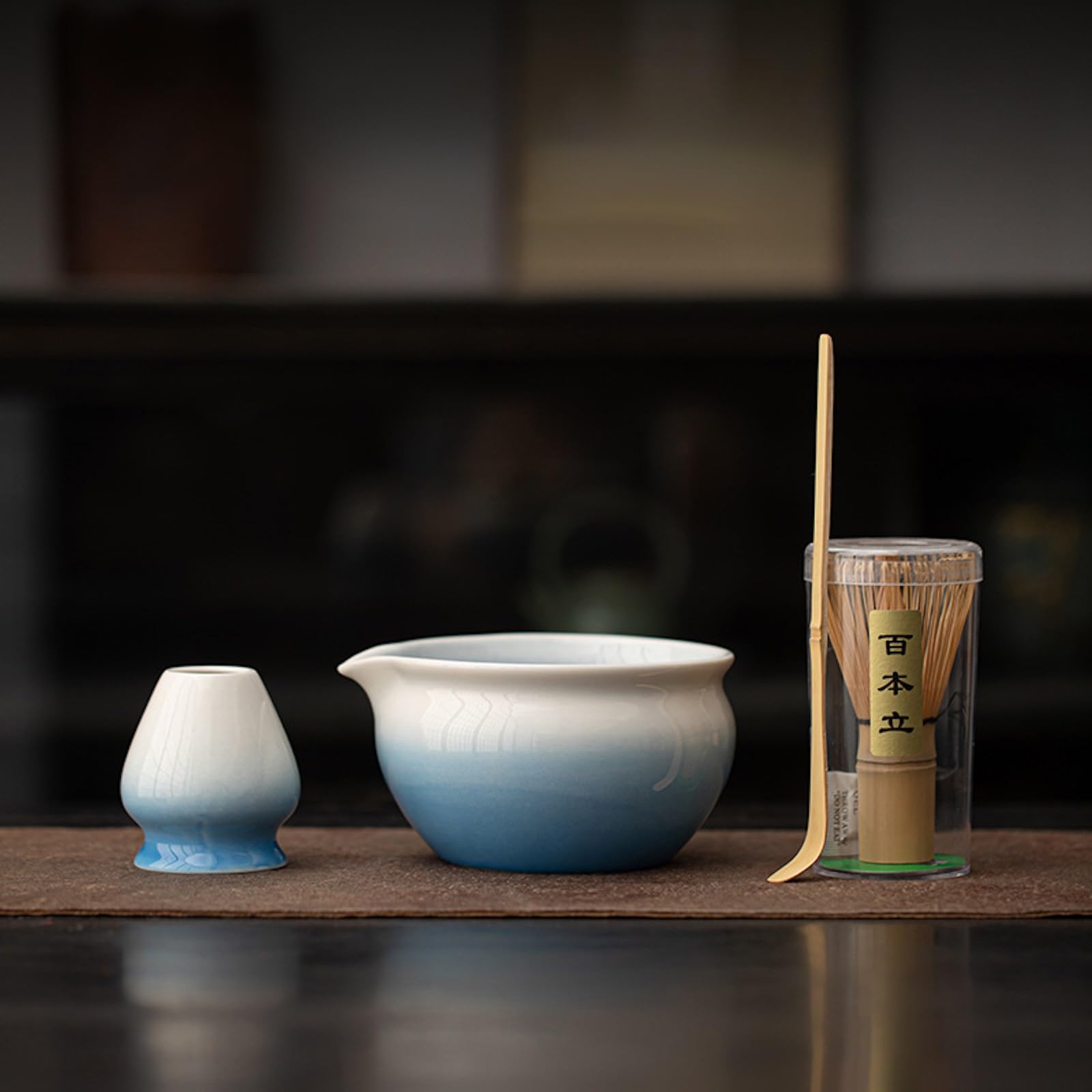 JIKANNOYA Matcha Set 4 Piece Chasen Whisk Chasaku Bowl Blue Ceramic 19oz